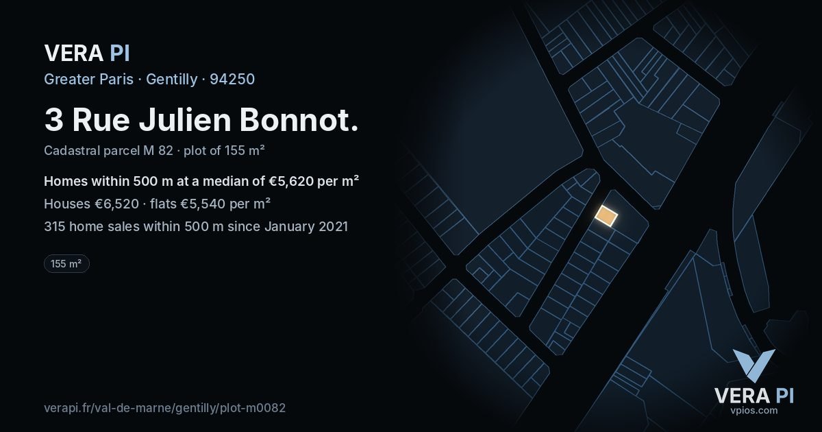 3 Rue Julien Bonnot, Gentilly at night – the plot lit, the parcels around coloured by the prices near them
