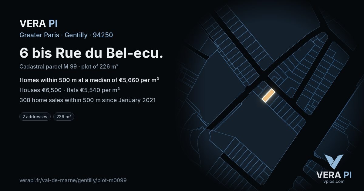 6 bis Rue du Bel-ecu, Gentilly at night – the plot lit, the parcels around coloured by the prices near them