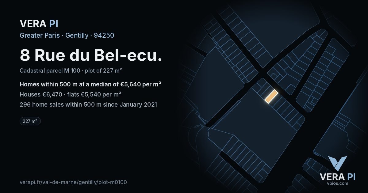 8 Rue du Bel-ecu, Gentilly at night – the plot lit, the parcels around coloured by the prices near them