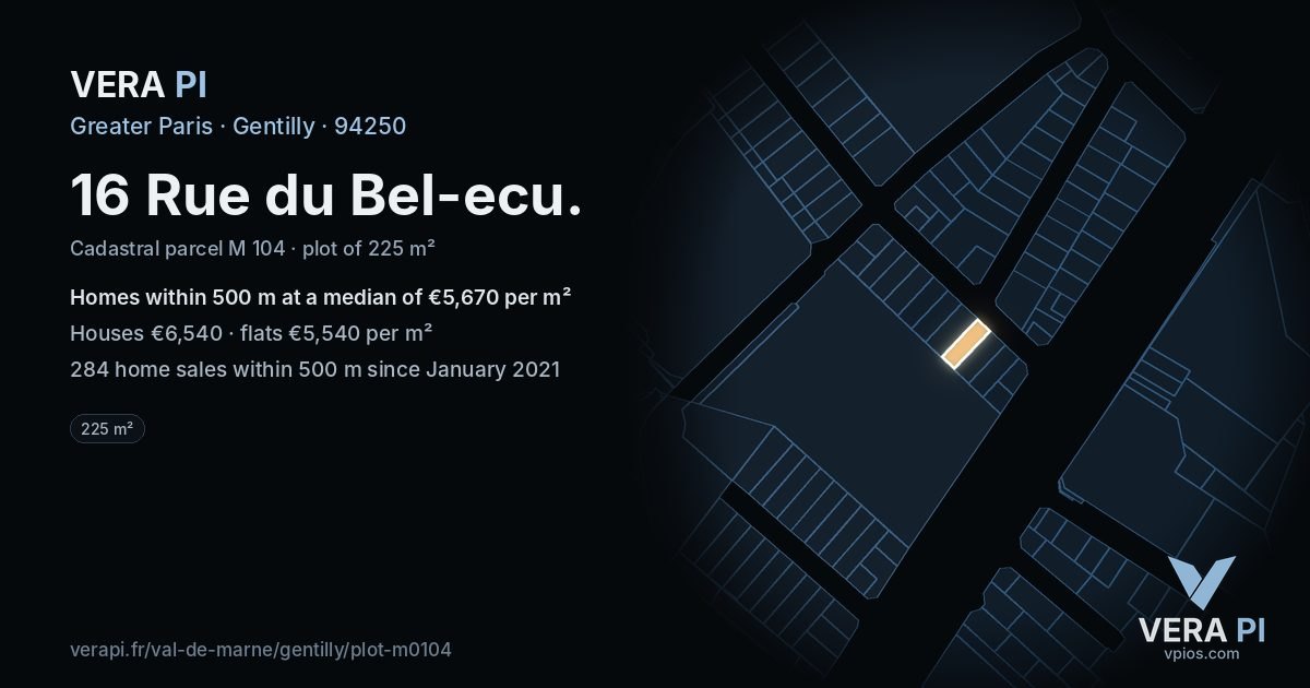 16 Rue du Bel-ecu, Gentilly at night – the plot lit, the parcels around coloured by the prices near them