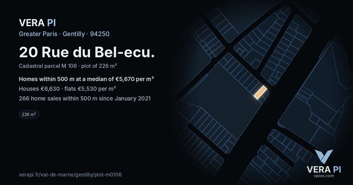 20 Rue du Bel-ecu, Gentilly at night – the plot lit, the parcels around coloured by the prices near them