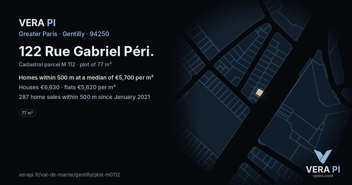 122 Rue Gabriel Péri, Gentilly at night – the plot lit, the parcels around coloured by the prices near them