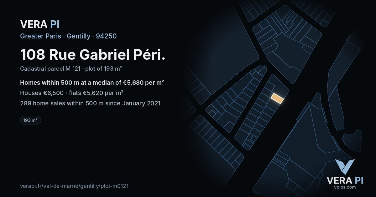 108 Rue Gabriel Péri, Gentilly at night – the plot lit, the parcels around coloured by the prices near them