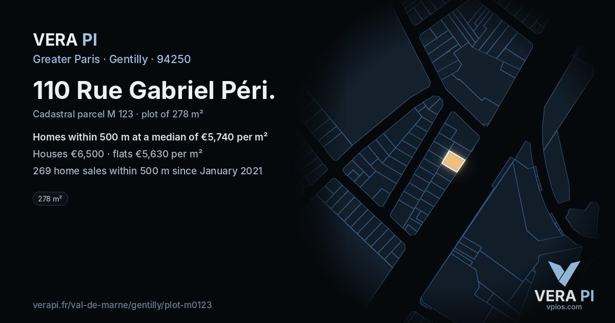110 Rue Gabriel Péri, Gentilly at night – the plot lit, the parcels around coloured by the prices near them