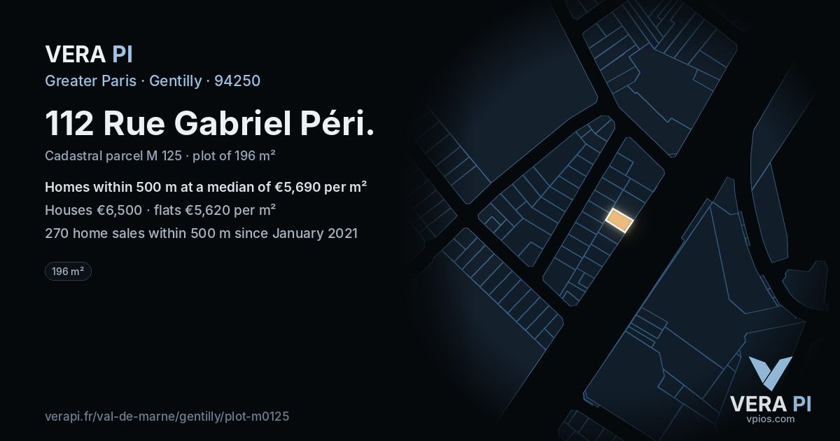 112 Rue Gabriel Péri, Gentilly at night – the plot lit, the parcels around coloured by the prices near them