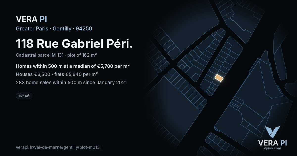 118 Rue Gabriel Péri, Gentilly at night – the plot lit, the parcels around coloured by the prices near them