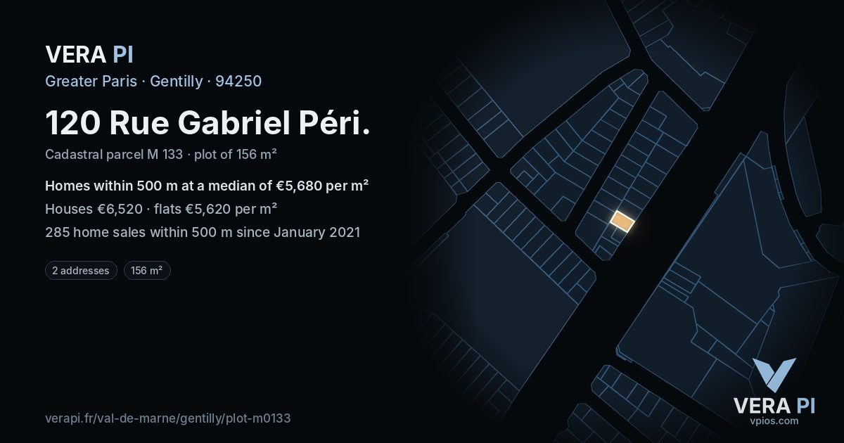 120 Rue Gabriel Péri, Gentilly at night – the plot lit, the parcels around coloured by the prices near them