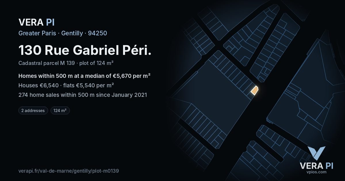 130 Rue Gabriel Péri, Gentilly at night – the plot lit, the parcels around coloured by the prices near them
