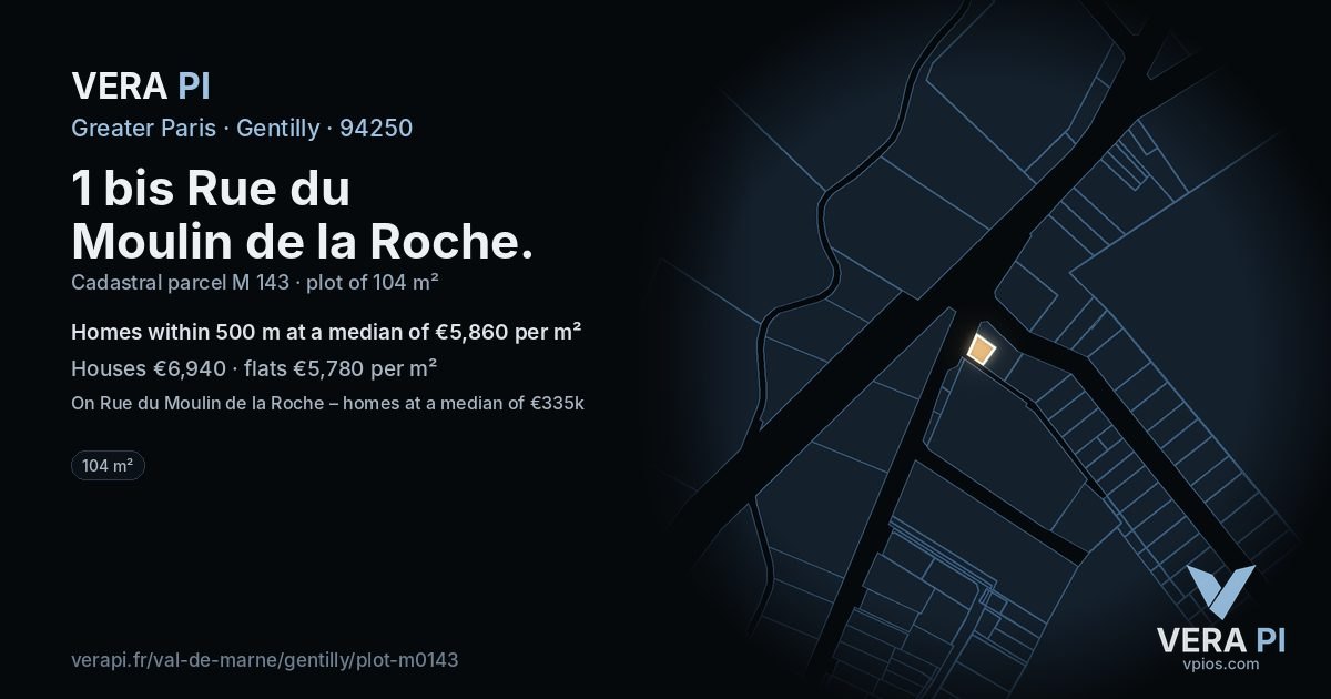 1 bis Rue du Moulin de la Roche, Gentilly at night – the plot lit, the parcels around coloured by the prices near them