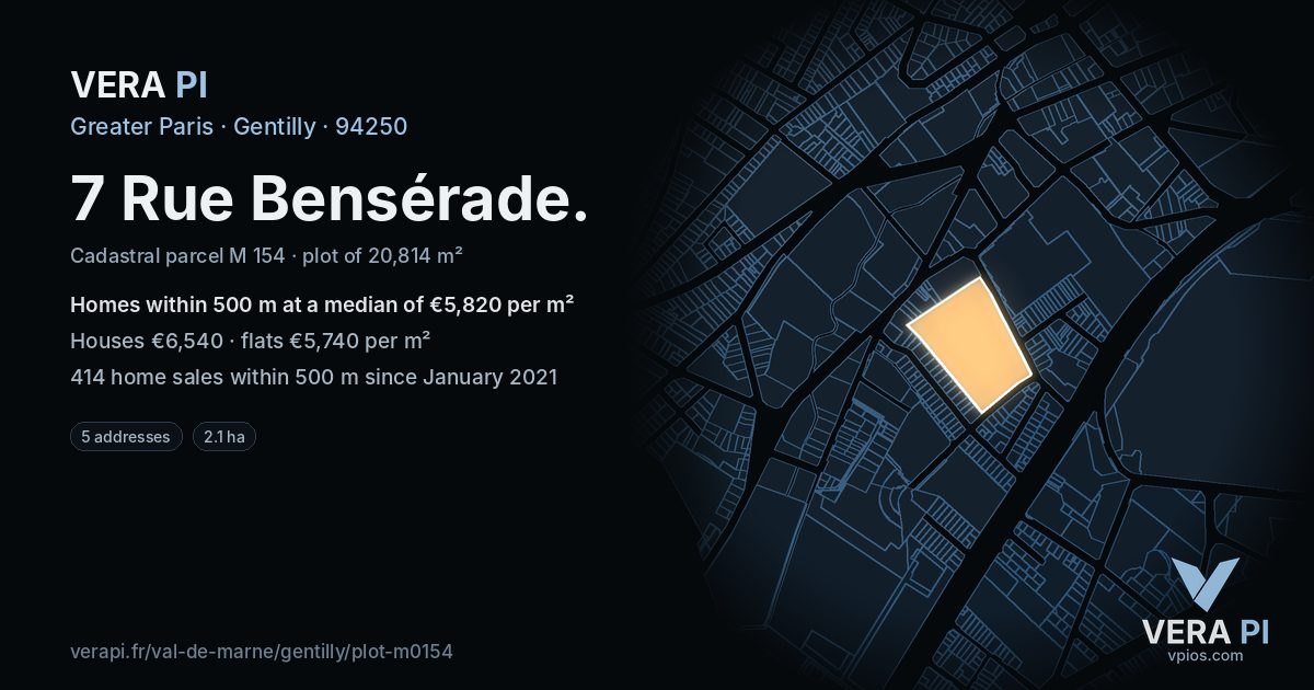 7 Rue Bensérade, Gentilly at night – the plot lit, the parcels around coloured by the prices near them