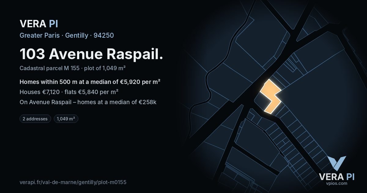 103 Avenue Raspail, Gentilly at night – the plot lit, the parcels around coloured by the prices near them