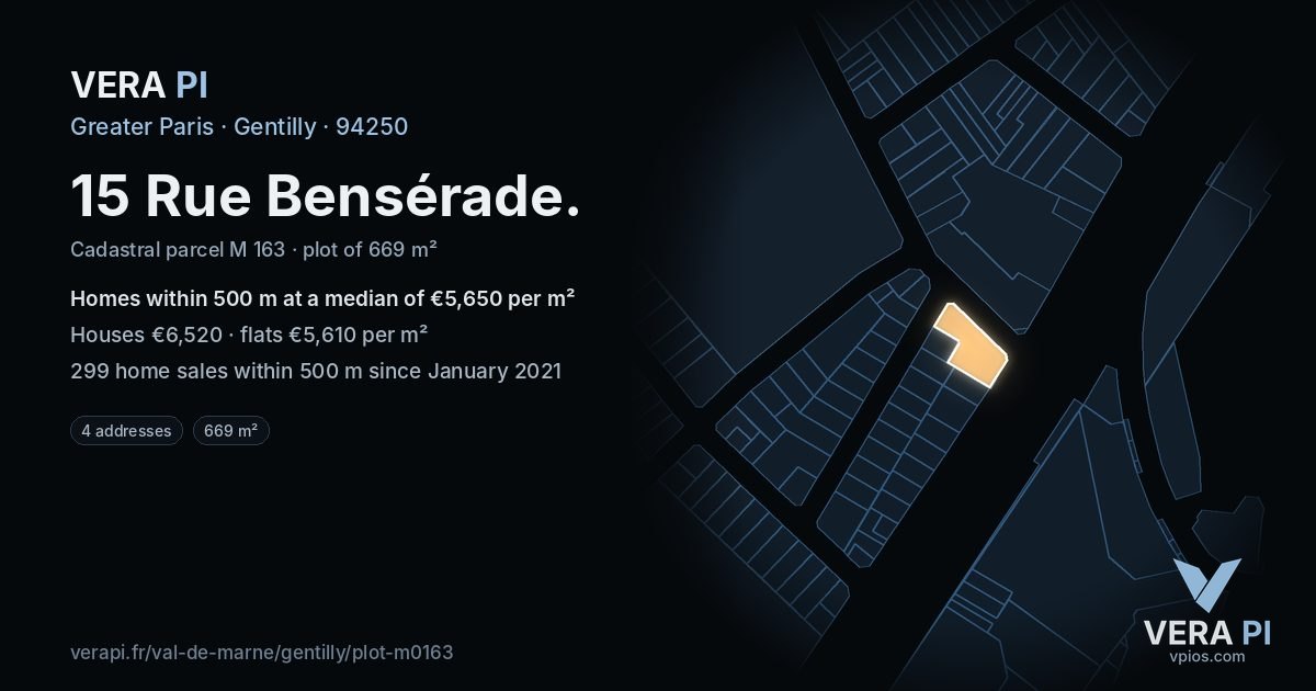 15 Rue Bensérade, Gentilly at night – the plot lit, the parcels around coloured by the prices near them