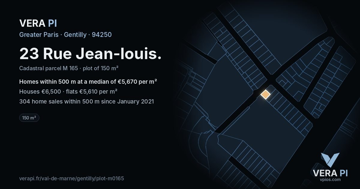 23 Rue Jean-louis, Gentilly at night – the plot lit, the parcels around coloured by the prices near them