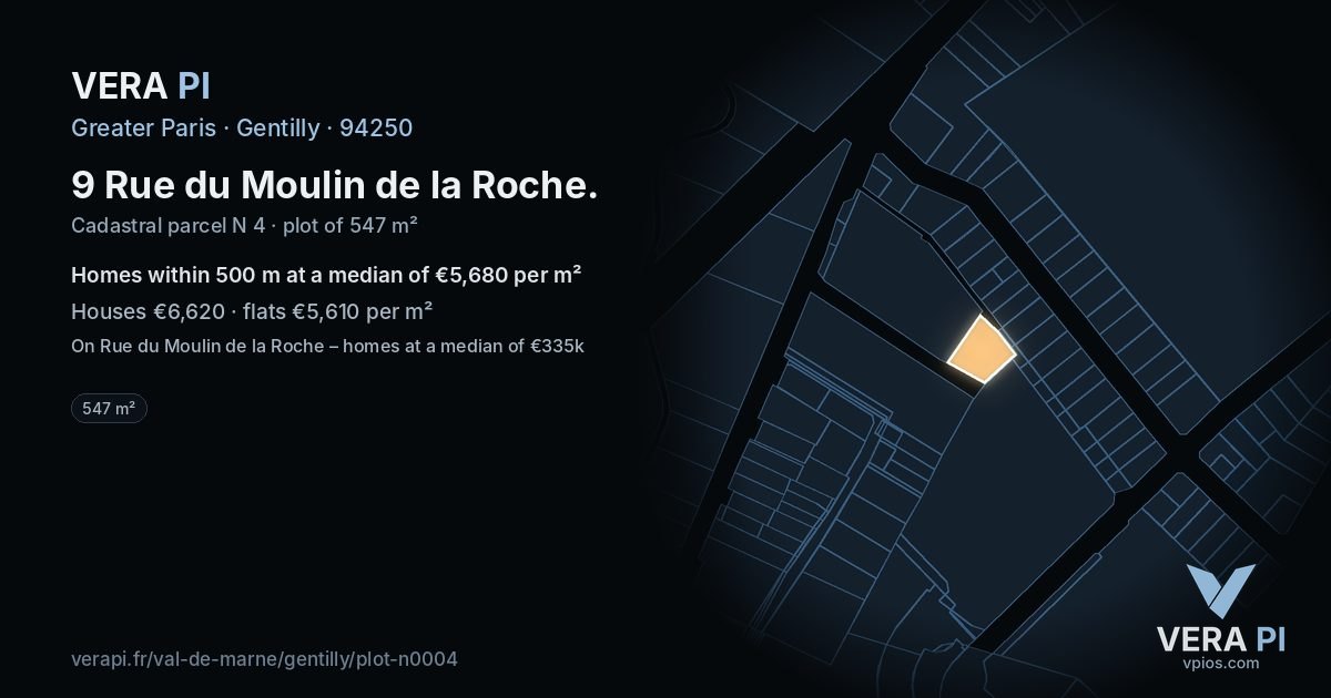 9 Rue du Moulin de la Roche, Gentilly at night – the plot lit, the parcels around coloured by the prices near them
