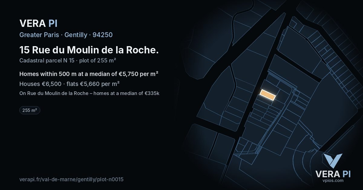 15 Rue du Moulin de la Roche, Gentilly at night – the plot lit, the parcels around coloured by the prices near them