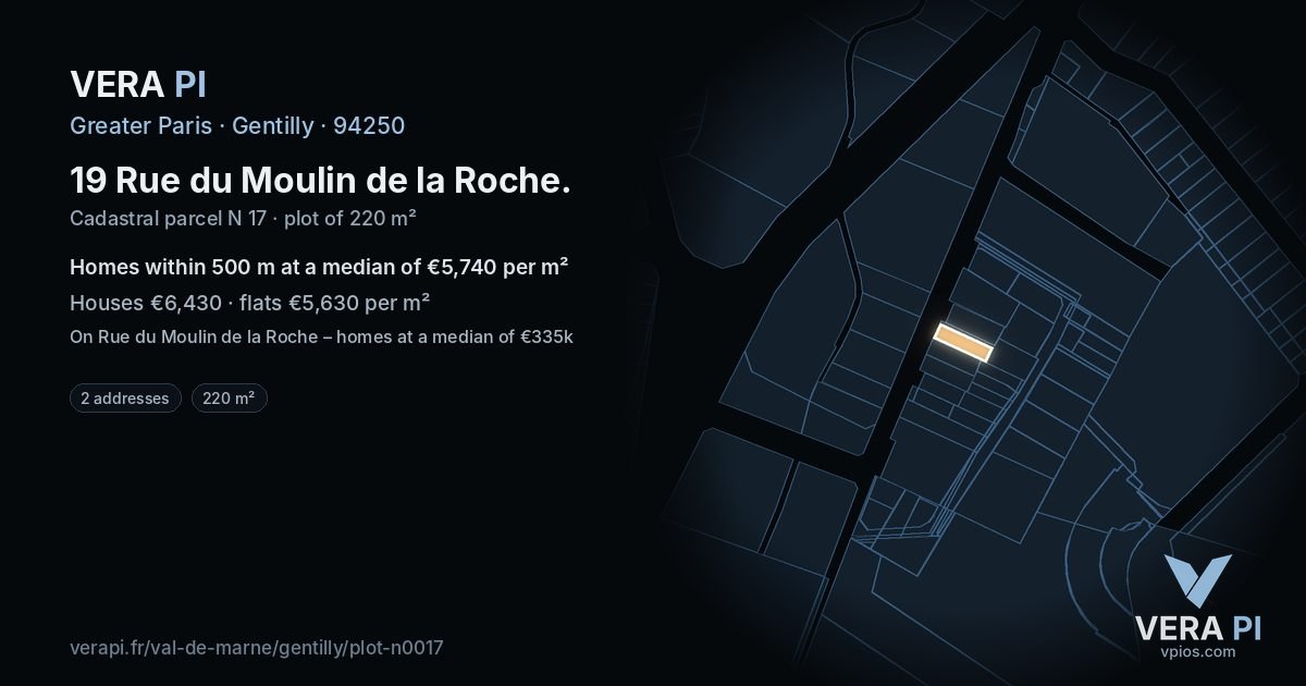 19 Rue du Moulin de la Roche, Gentilly at night – the plot lit, the parcels around coloured by the prices near them