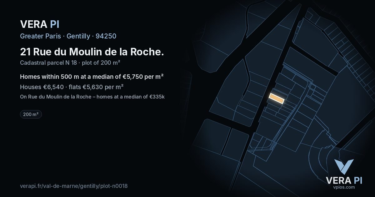21 Rue du Moulin de la Roche, Gentilly at night – the plot lit, the parcels around coloured by the prices near them