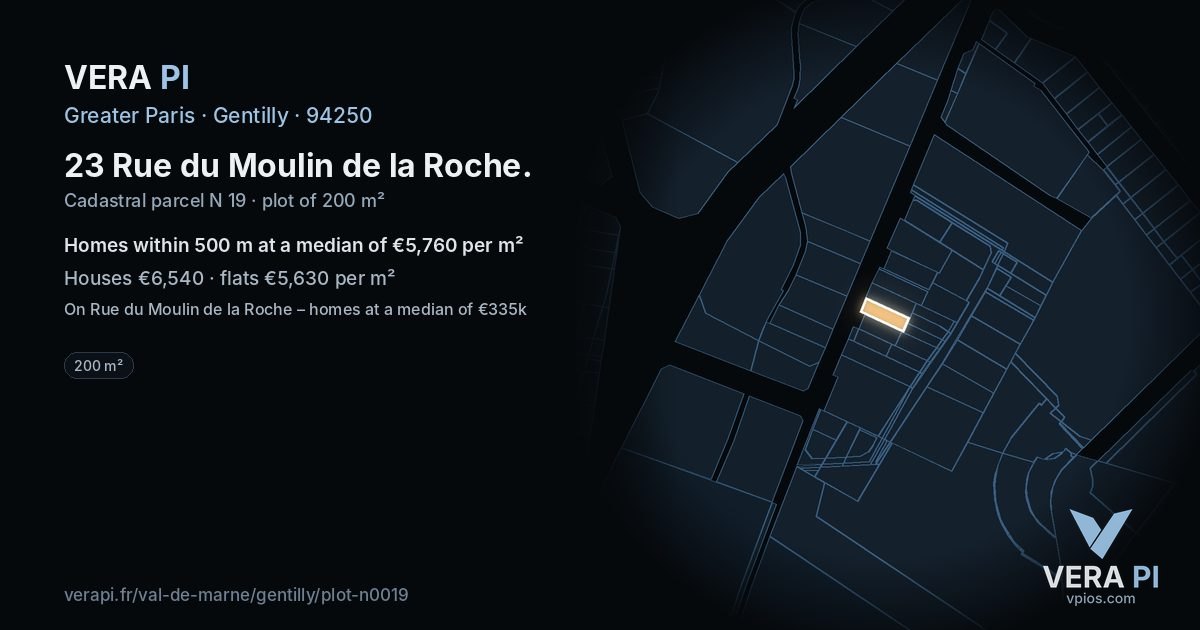 23 Rue du Moulin de la Roche, Gentilly at night – the plot lit, the parcels around coloured by the prices near them