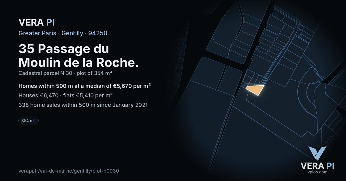 35 Passage du Moulin de la Roche, Gentilly at night – the plot lit, the parcels around coloured by the prices near them
