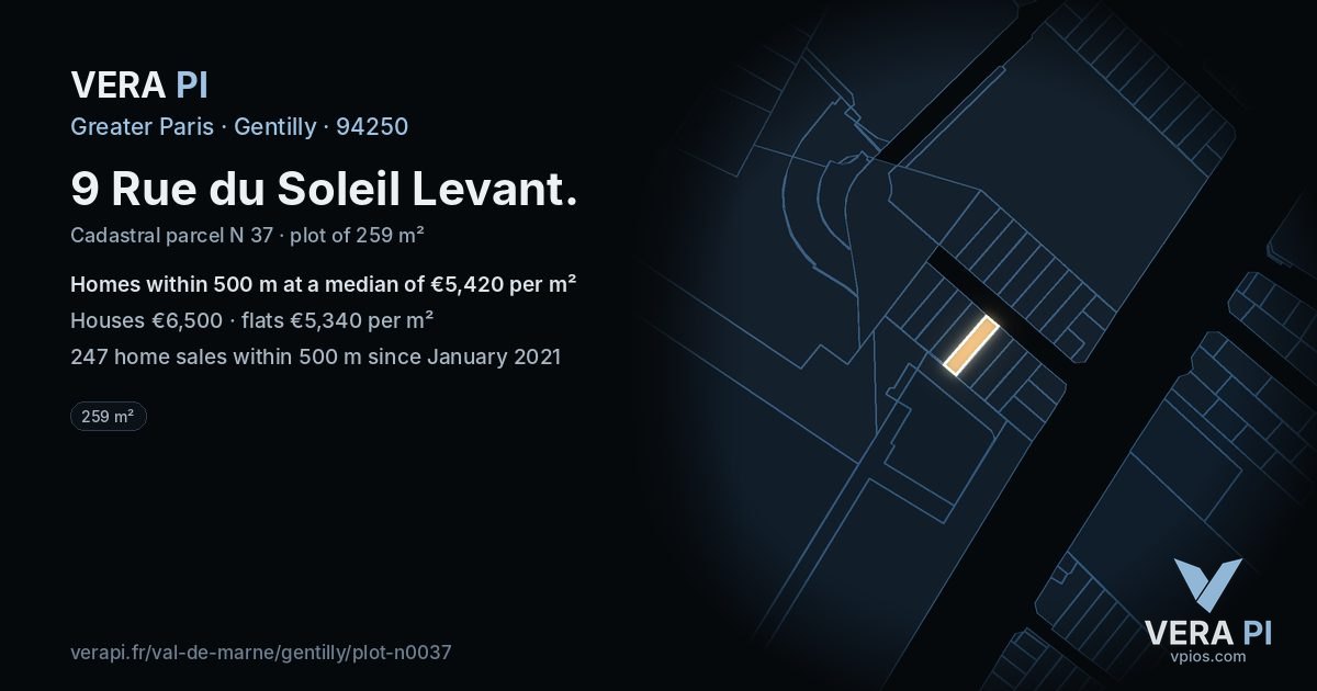 9 Rue du Soleil Levant, Gentilly at night – the plot lit, the parcels around coloured by the prices near them