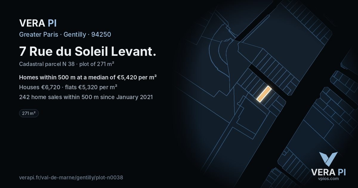 7 Rue du Soleil Levant, Gentilly at night – the plot lit, the parcels around coloured by the prices near them