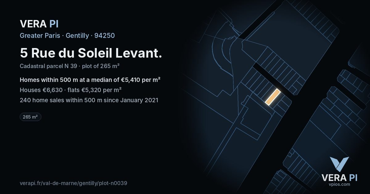 5 Rue du Soleil Levant, Gentilly at night – the plot lit, the parcels around coloured by the prices near them
