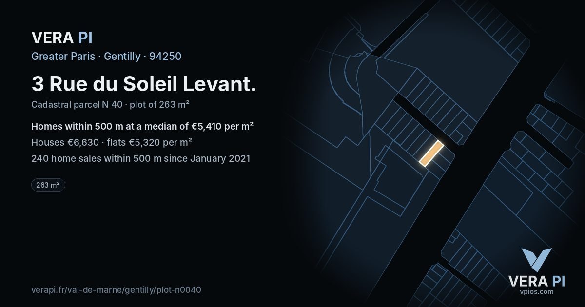 3 Rue du Soleil Levant, Gentilly at night – the plot lit, the parcels around coloured by the prices near them