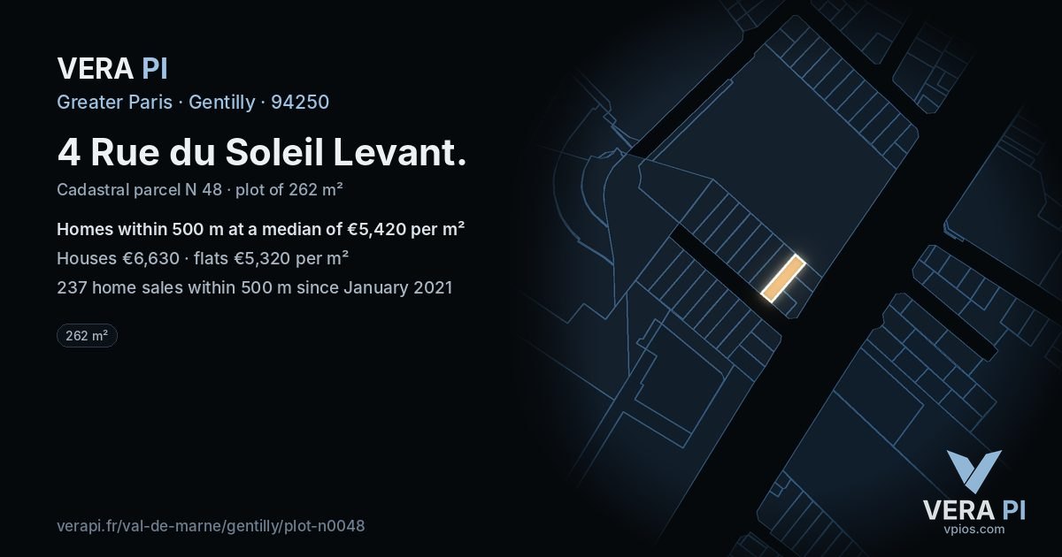 4 Rue du Soleil Levant, Gentilly at night – the plot lit, the parcels around coloured by the prices near them