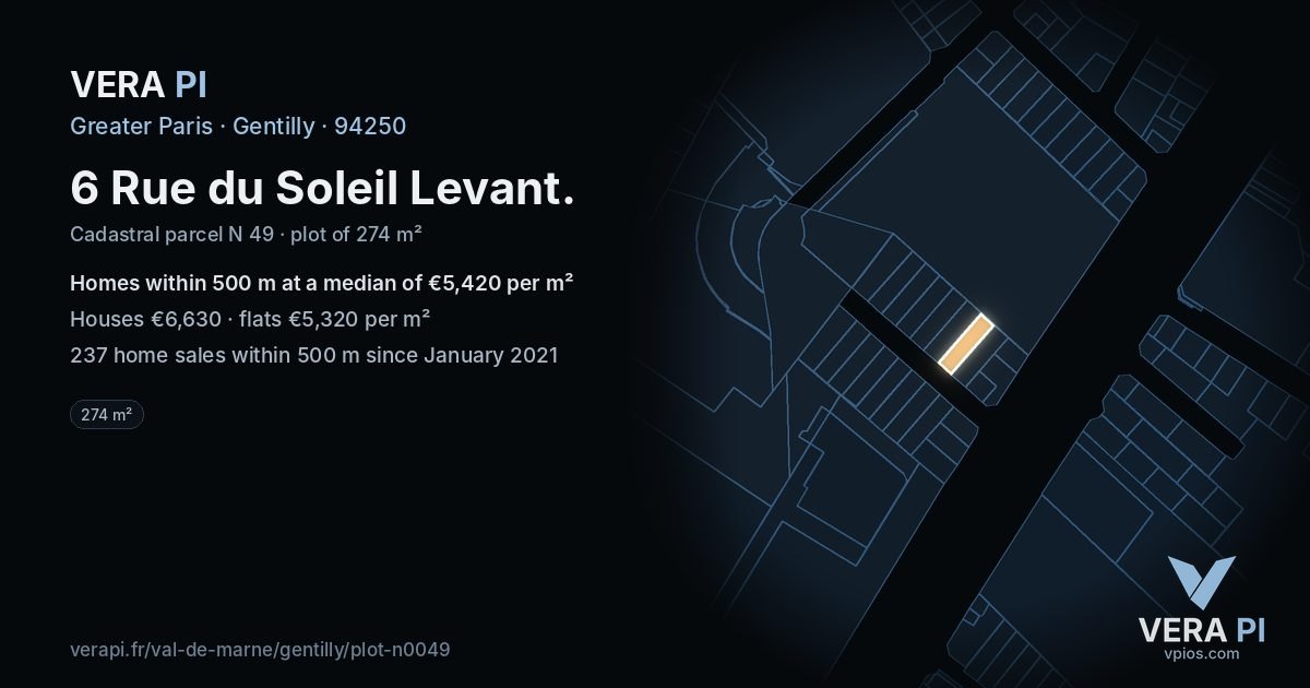 6 Rue du Soleil Levant, Gentilly at night – the plot lit, the parcels around coloured by the prices near them