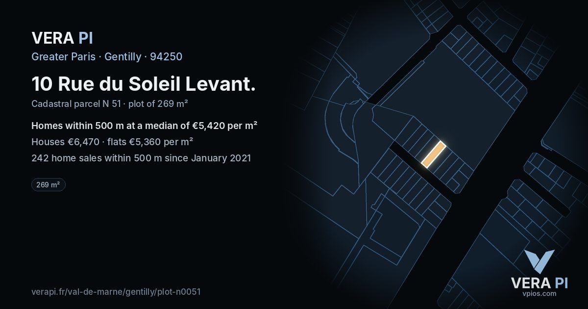 10 Rue du Soleil Levant, Gentilly at night – the plot lit, the parcels around coloured by the prices near them