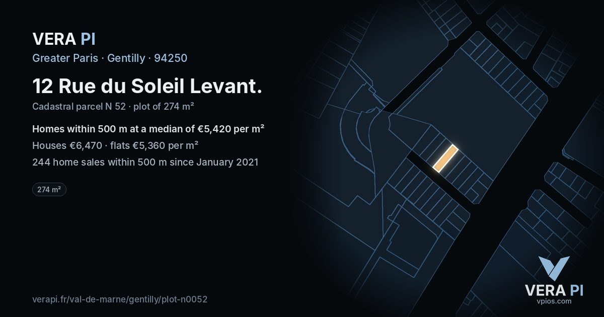 12 Rue du Soleil Levant, Gentilly at night – the plot lit, the parcels around coloured by the prices near them