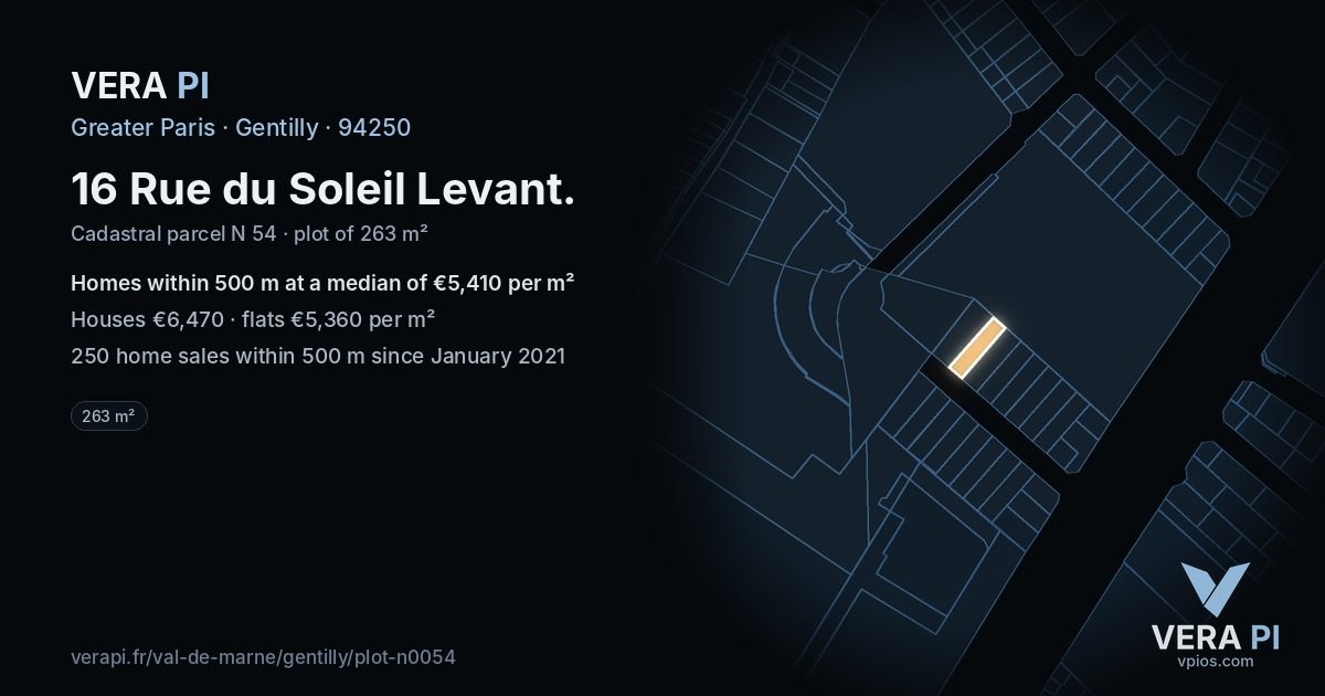 16 Rue du Soleil Levant, Gentilly at night – the plot lit, the parcels around coloured by the prices near them