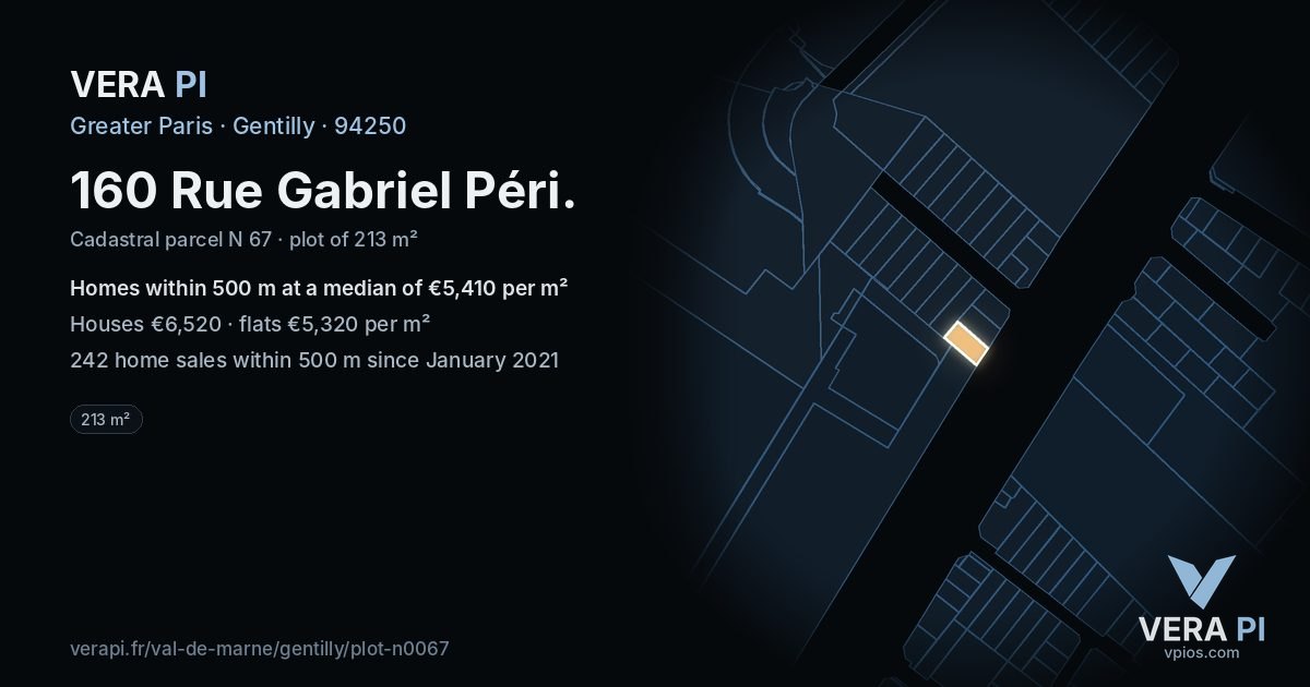 160 Rue Gabriel Péri, Gentilly at night – the plot lit, the parcels around coloured by the prices near them