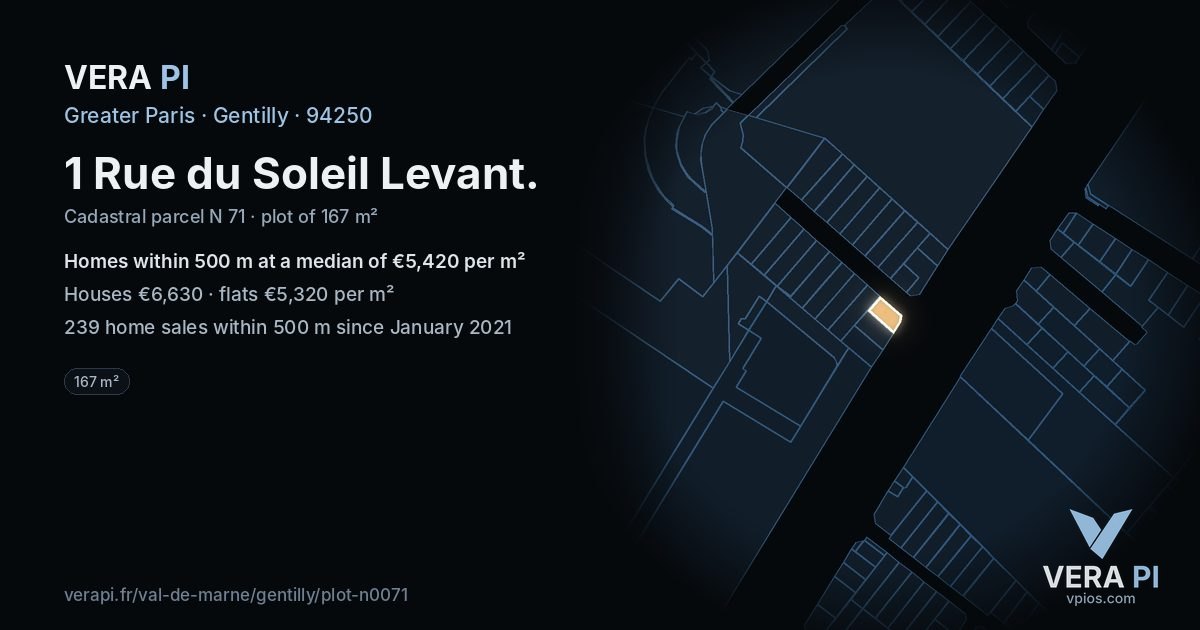 1 Rue du Soleil Levant, Gentilly at night – the plot lit, the parcels around coloured by the prices near them
