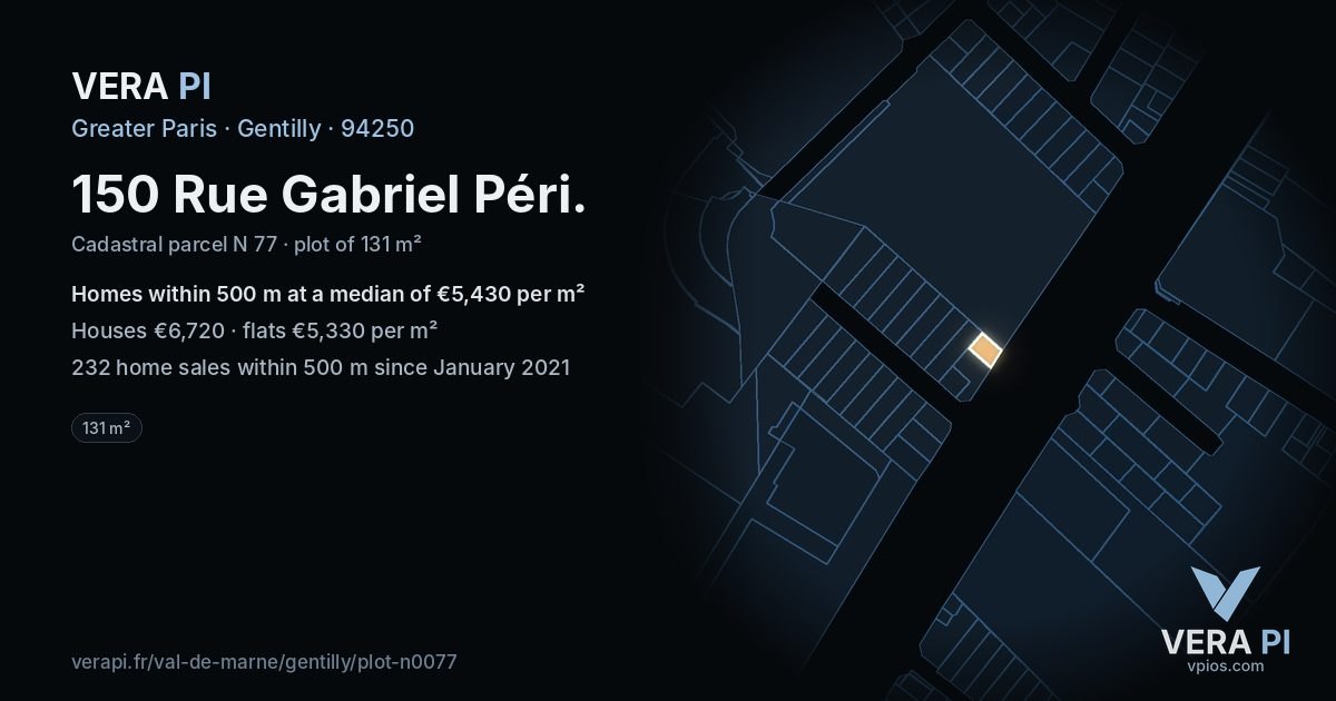 150 Rue Gabriel Péri, Gentilly at night – the plot lit, the parcels around coloured by the prices near them