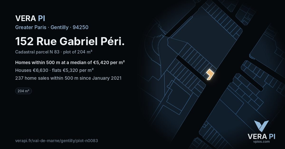 152 Rue Gabriel Péri, Gentilly at night – the plot lit, the parcels around coloured by the prices near them