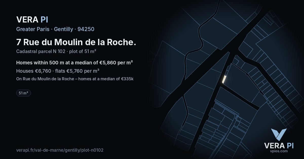 7 Rue du Moulin de la Roche, Gentilly at night – the plot lit, the parcels around coloured by the prices near them