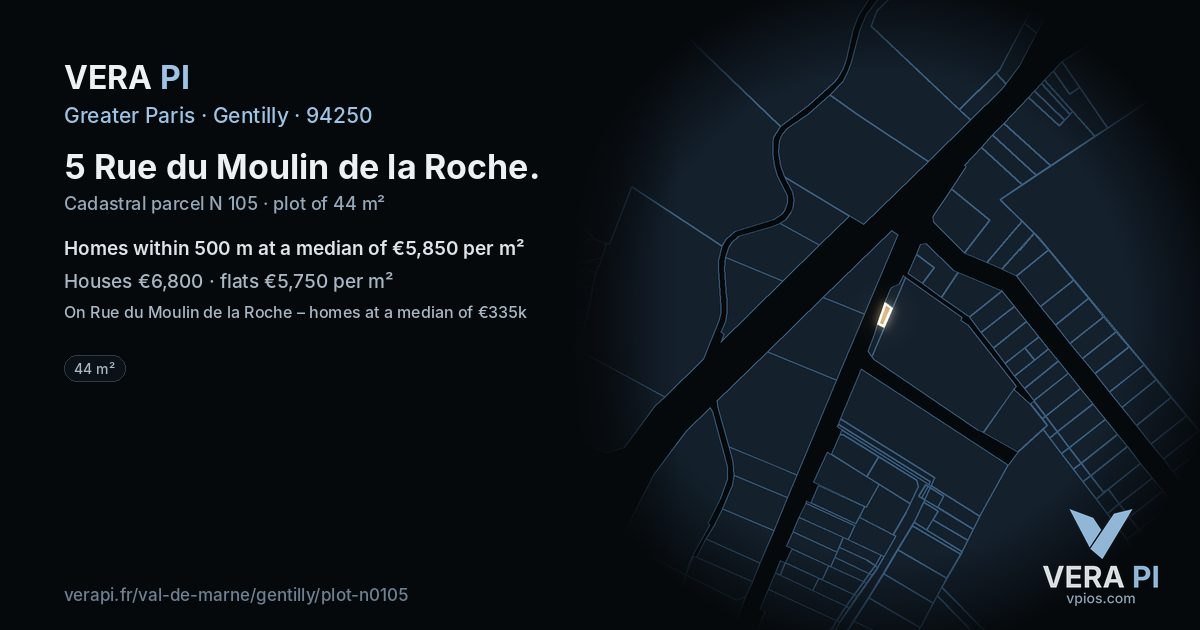 5 Rue du Moulin de la Roche, Gentilly at night – the plot lit, the parcels around coloured by the prices near them