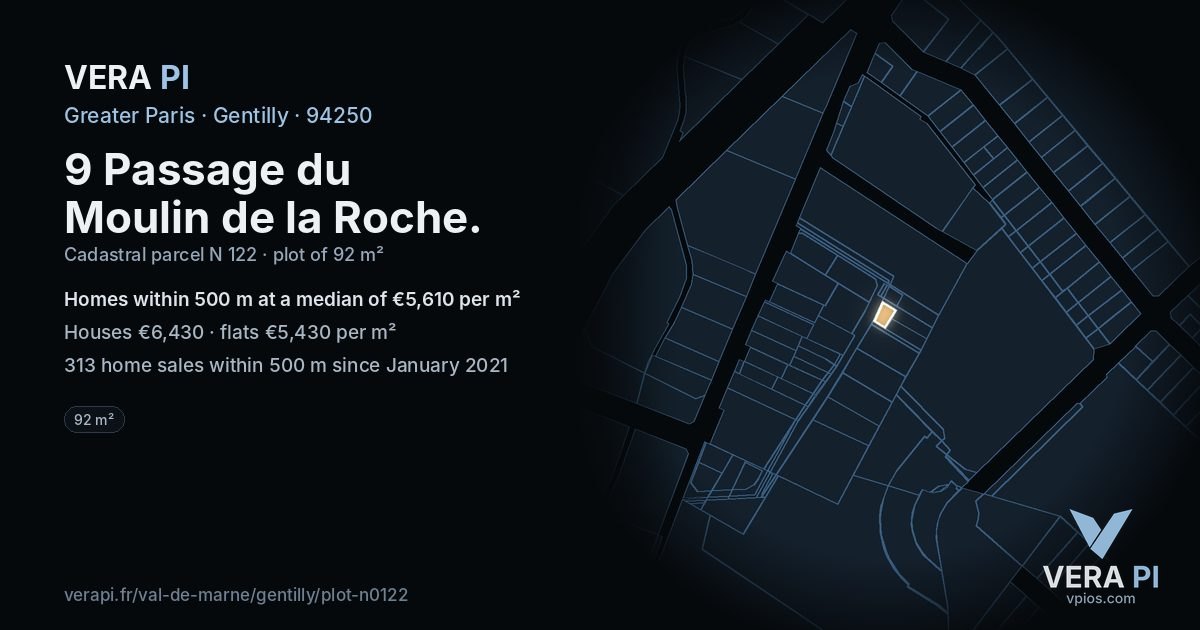 9 Passage du Moulin de la Roche, Gentilly at night – the plot lit, the parcels around coloured by the prices near them