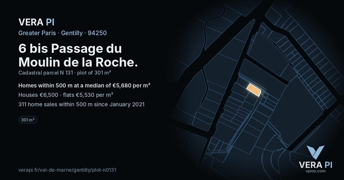 6 bis Passage du Moulin de la Roche, Gentilly at night – the plot lit, the parcels around coloured by the prices near them