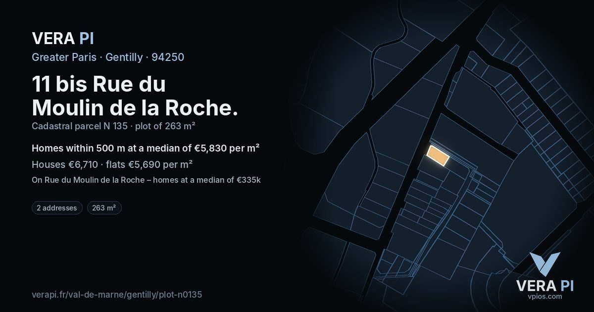 11 bis Rue du Moulin de la Roche, Gentilly at night – the plot lit, the parcels around coloured by the prices near them