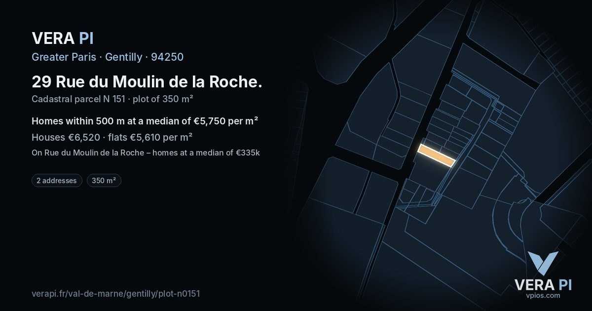 29 Rue du Moulin de la Roche, Gentilly at night – the plot lit, the parcels around coloured by the prices near them