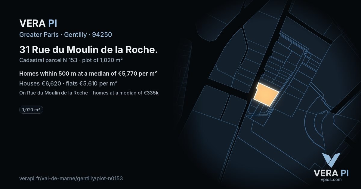31 Rue du Moulin de la Roche, Gentilly at night – the plot lit, the parcels around coloured by the prices near them