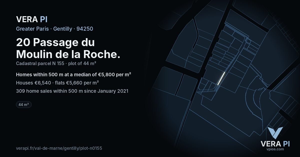 20 Passage du Moulin de la Roche, Gentilly at night – the plot lit, the parcels around coloured by the prices near them