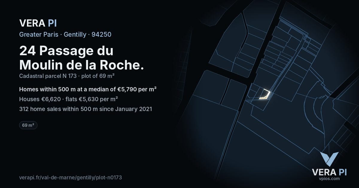 24 Passage du Moulin de la Roche, Gentilly at night – the plot lit, the parcels around coloured by the prices near them
