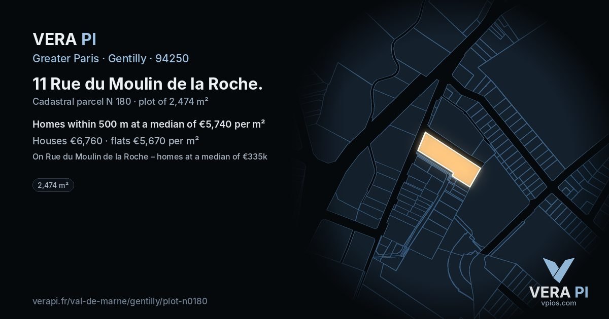 11 Rue du Moulin de la Roche, Gentilly at night – the plot lit, the parcels around coloured by the prices near them