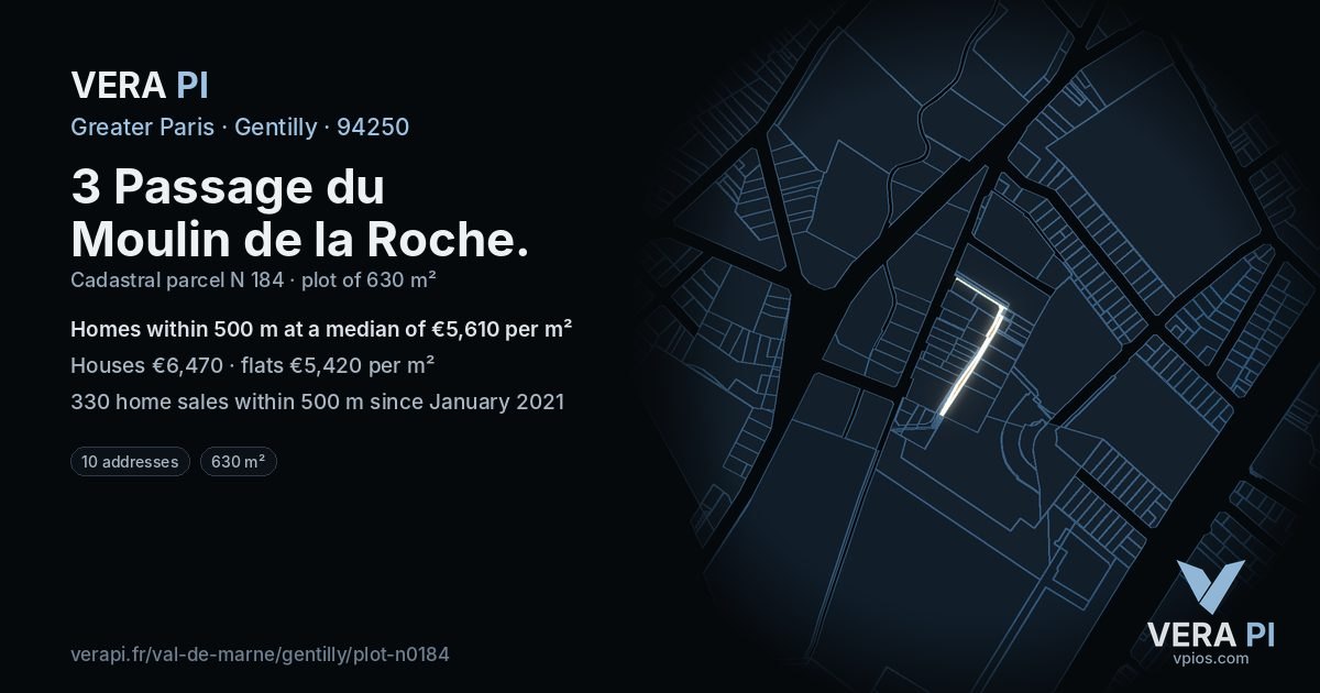 3 Passage du Moulin de la Roche, Gentilly at night – the plot lit, the parcels around coloured by the prices near them