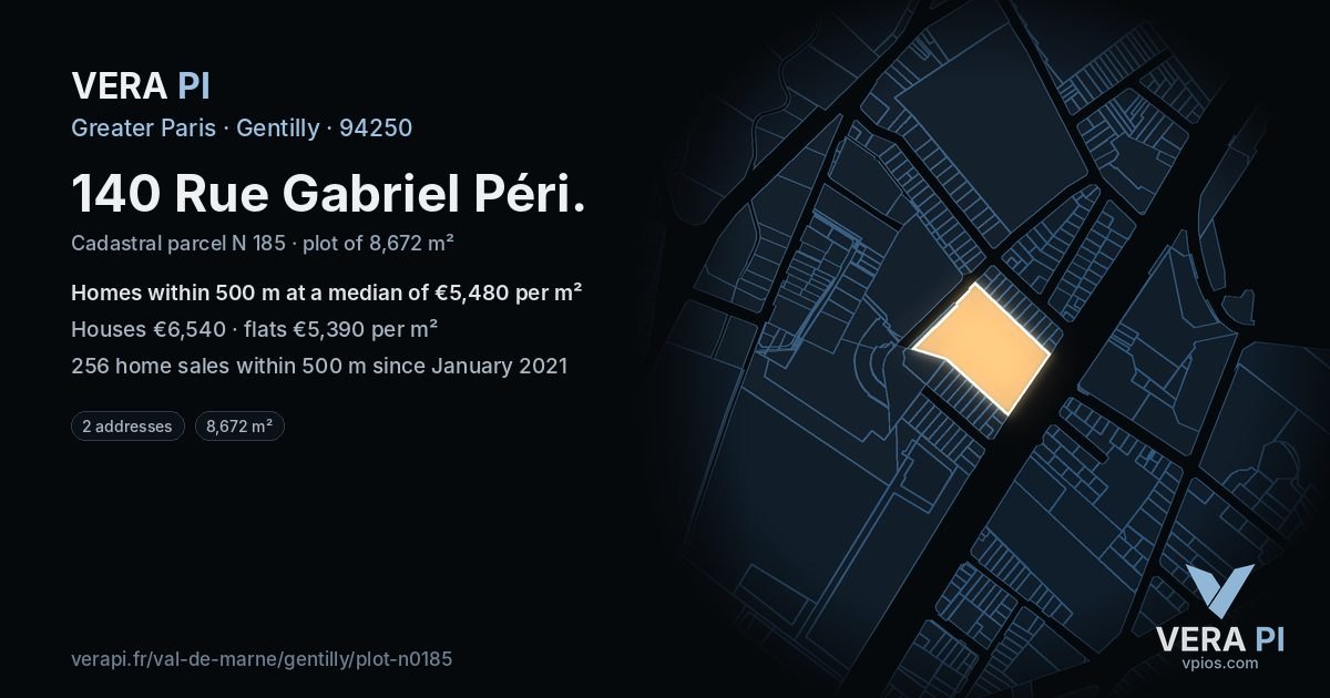140 Rue Gabriel Péri, Gentilly at night – the plot lit, the parcels around coloured by the prices near them