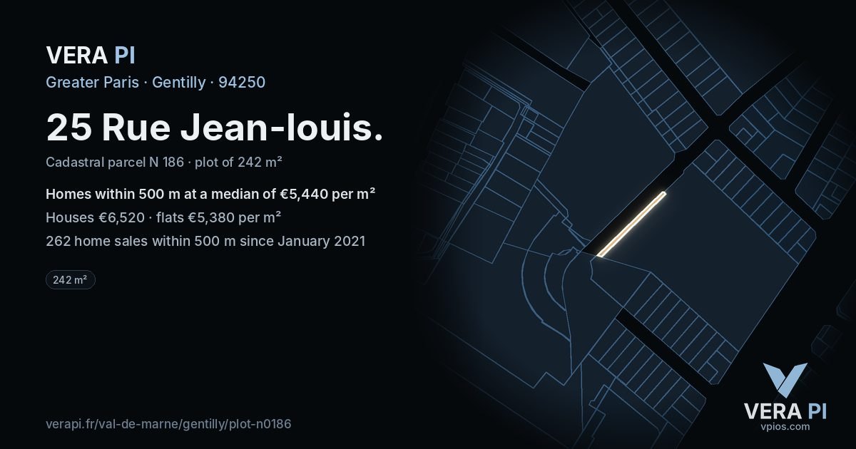 25 Rue Jean-louis, Gentilly at night – the plot lit, the parcels around coloured by the prices near them