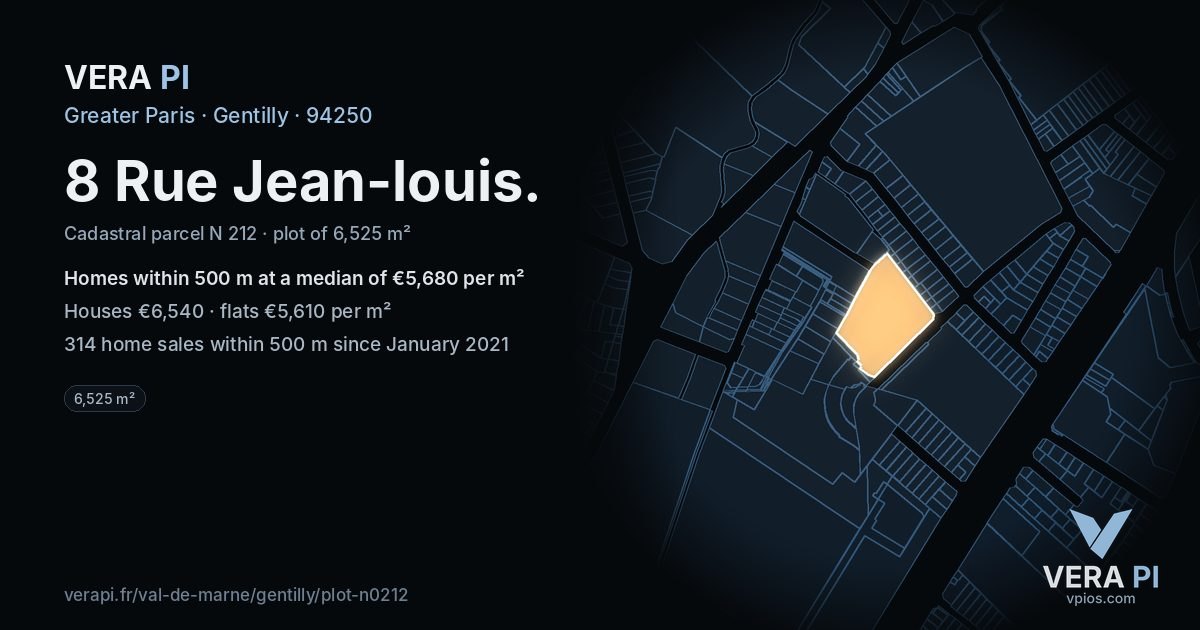 8 Rue Jean-louis, Gentilly at night – the plot lit, the parcels around coloured by the prices near them